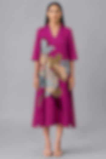 Berry Wine Korean Linen Floral Printed A-Line Midi Summer Dress by CLOS at Pernia's Pop Up Shop