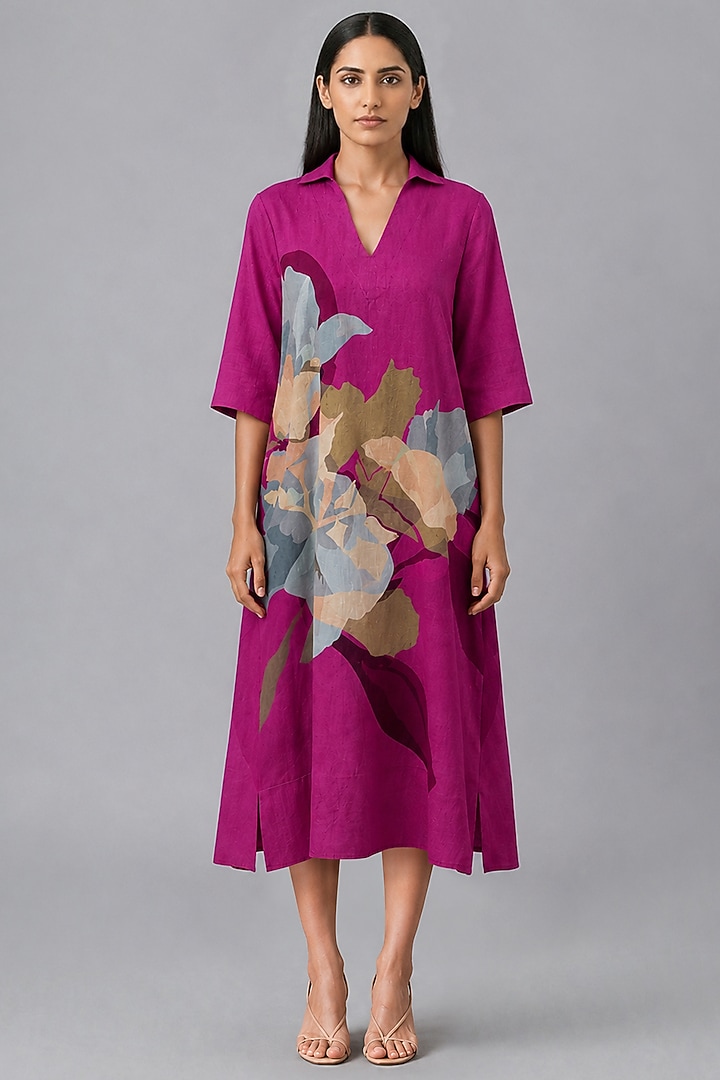Berry Wine Korean Linen Floral Printed A-Line Midi Summer Dress by CLOS at Pernia's Pop Up Shop