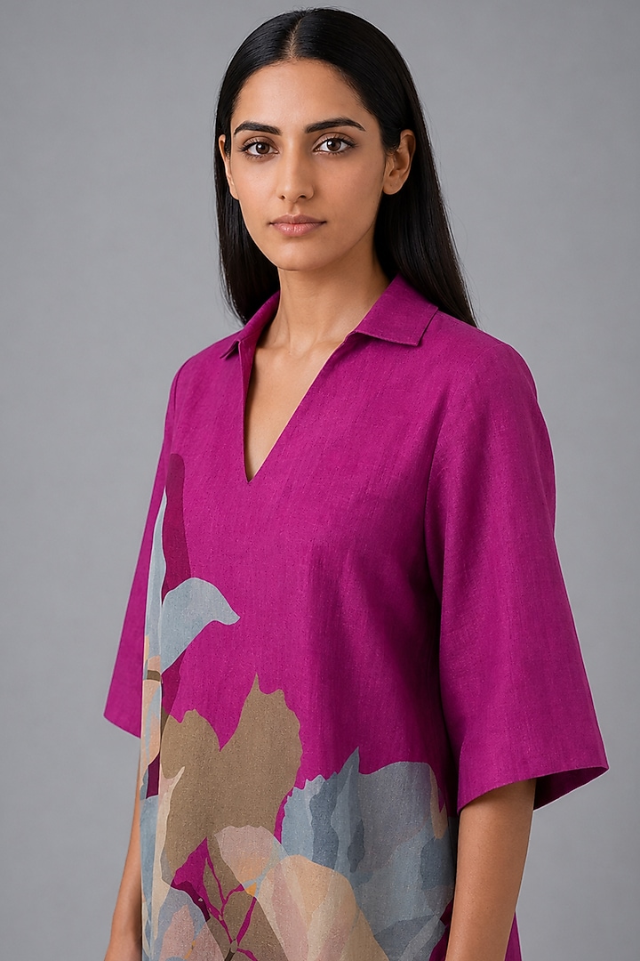Berry Wine Korean Linen Floral Printed A-Line Midi Summer Dress by CLOS at Pernia's Pop Up Shop