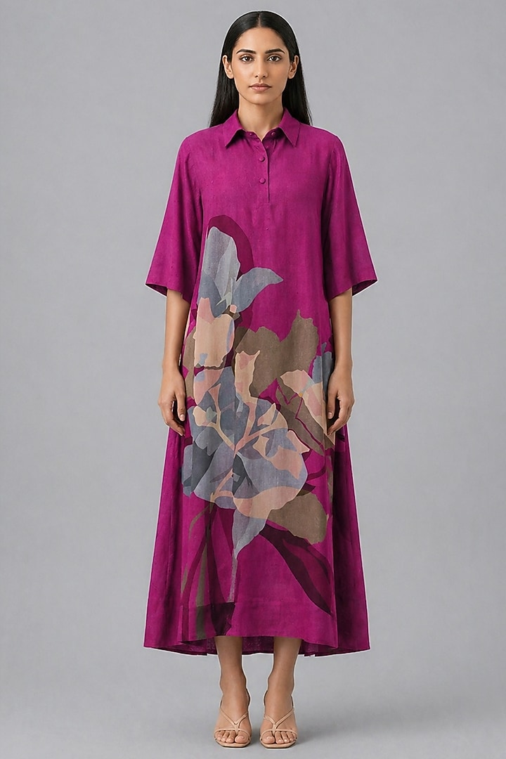 Berry Wine Korean Linen Floral Printed Summer Shirt Dress by CLOS at Pernia's Pop Up Shop