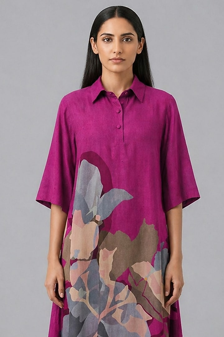 Berry Wine Korean Linen Floral Printed Summer Shirt Dress by CLOS at Pernia's Pop Up Shop