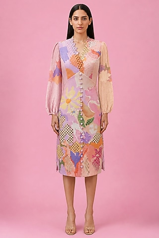 Blush Korean Linen Cutwork Embroidered Midi Dress by CLOS