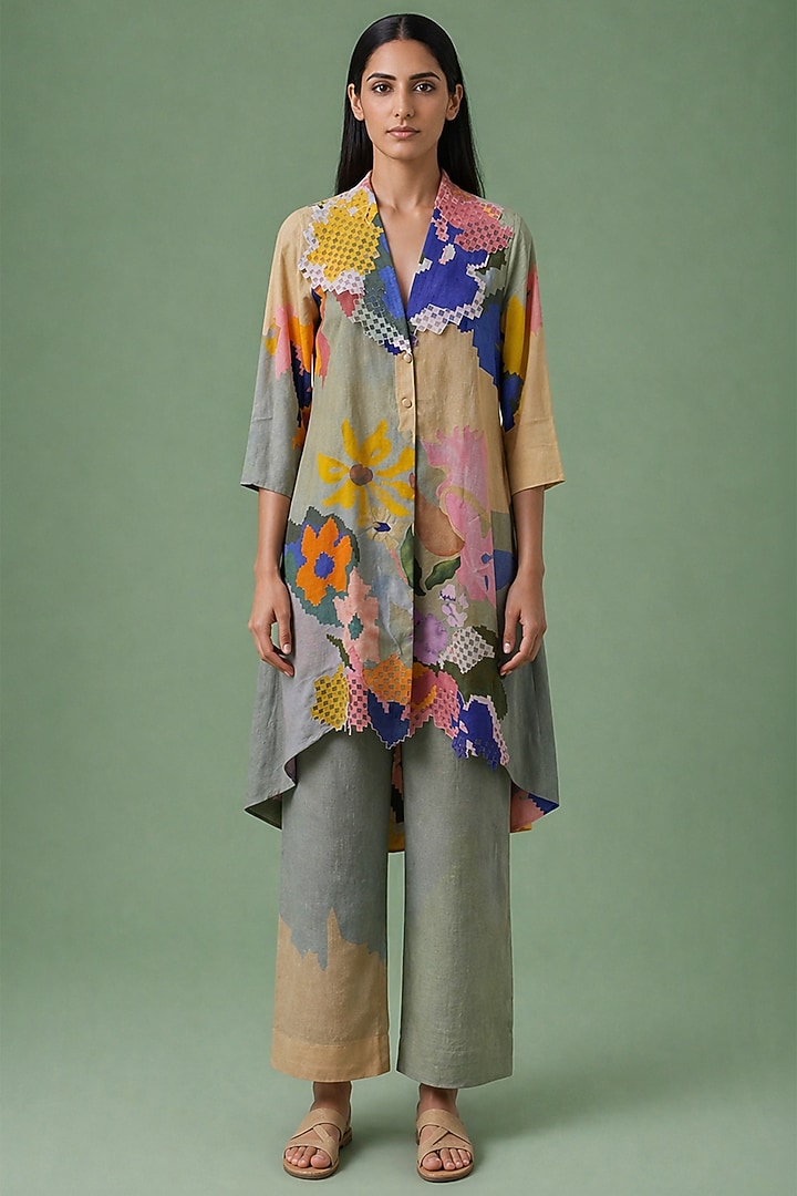Sage Olive Korean Linen Ikat Printed Asymmetrical Tunic Set by CLOS at Pernia's Pop Up Shop