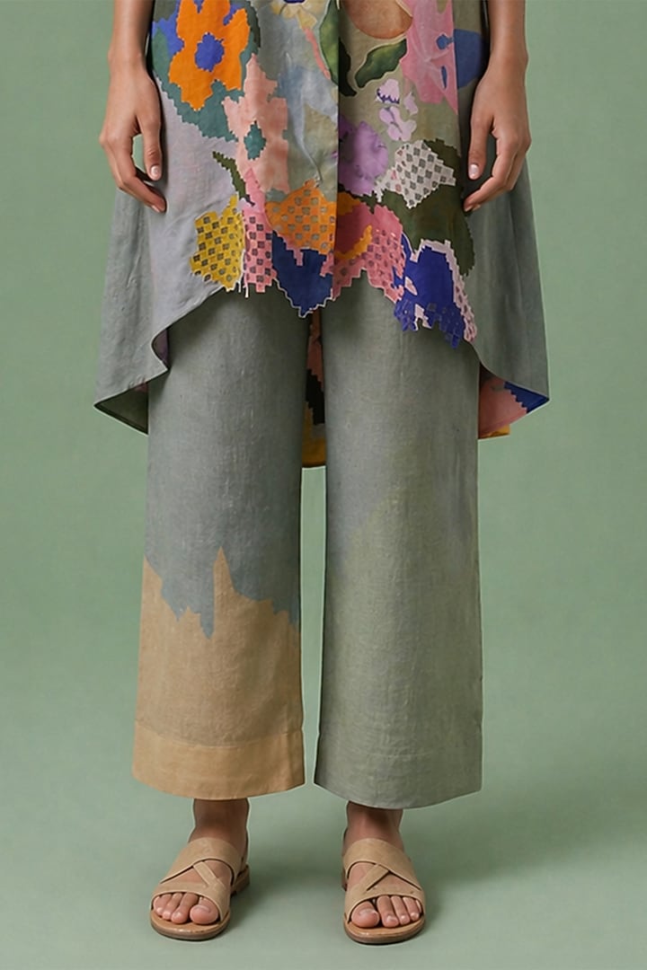 Sage Olive Korean Linen Ikat Printed Asymmetrical Tunic Set by CLOS at Pernia's Pop Up Shop