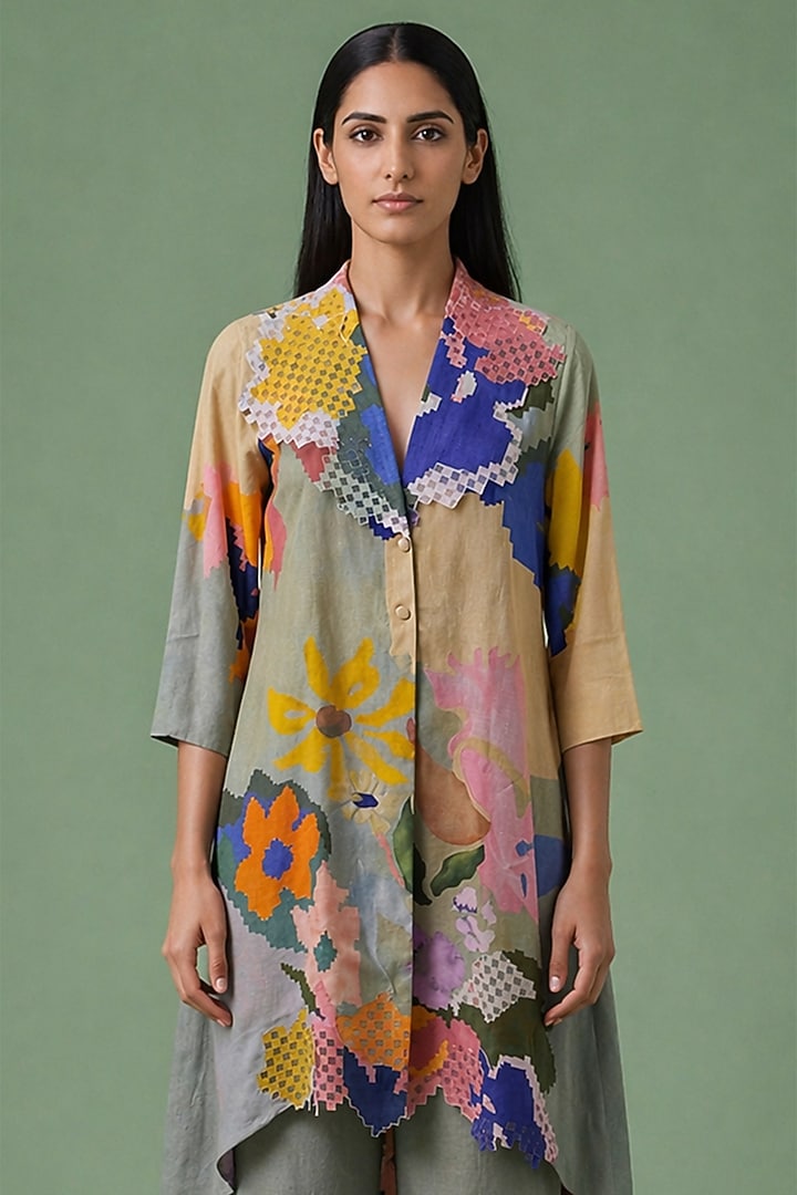Sage Olive Korean Linen Ikat Printed Asymmetrical Tunic Set by CLOS at Pernia's Pop Up Shop