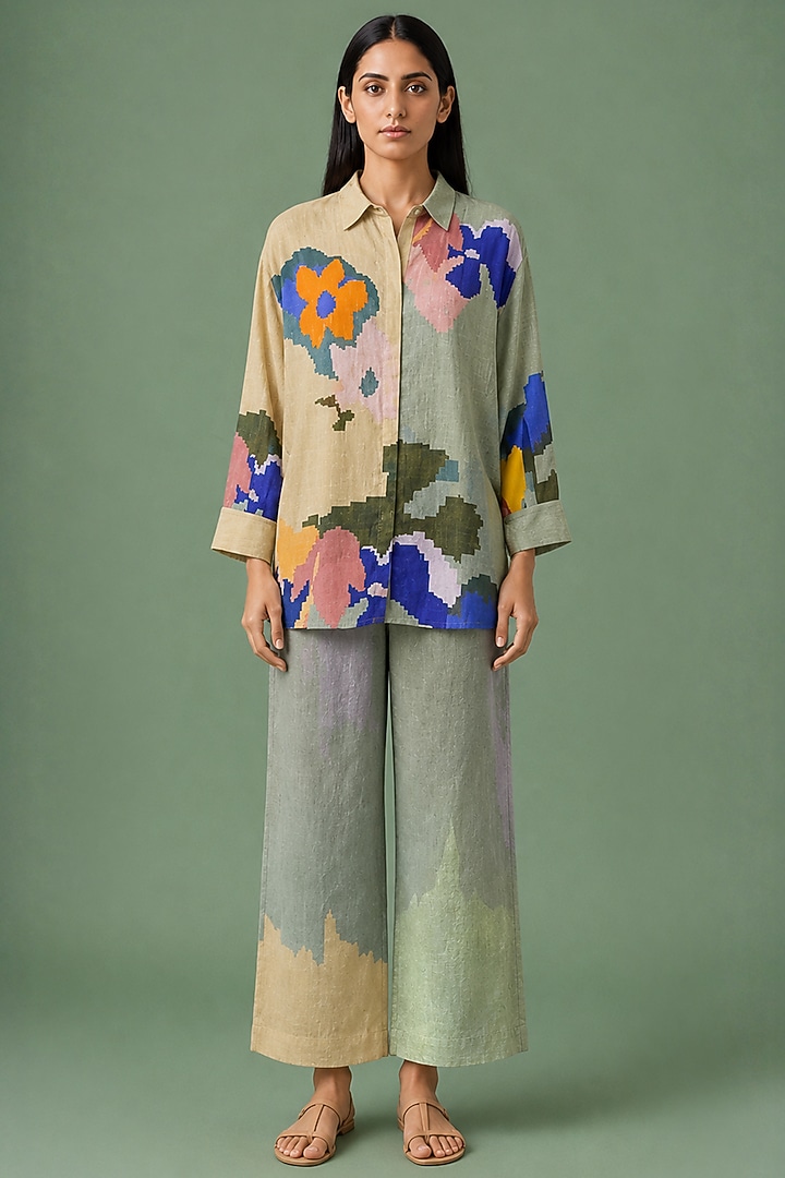 Sage Olive Korean Linen Ikat Printed Co-Ord Set by CLOS at Pernia's Pop Up Shop