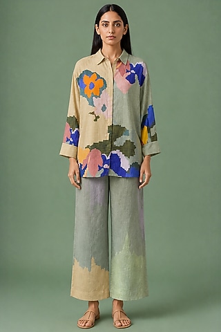Sage Olive Korean Linen Ikat Printed Co-Ord Set by CLOS