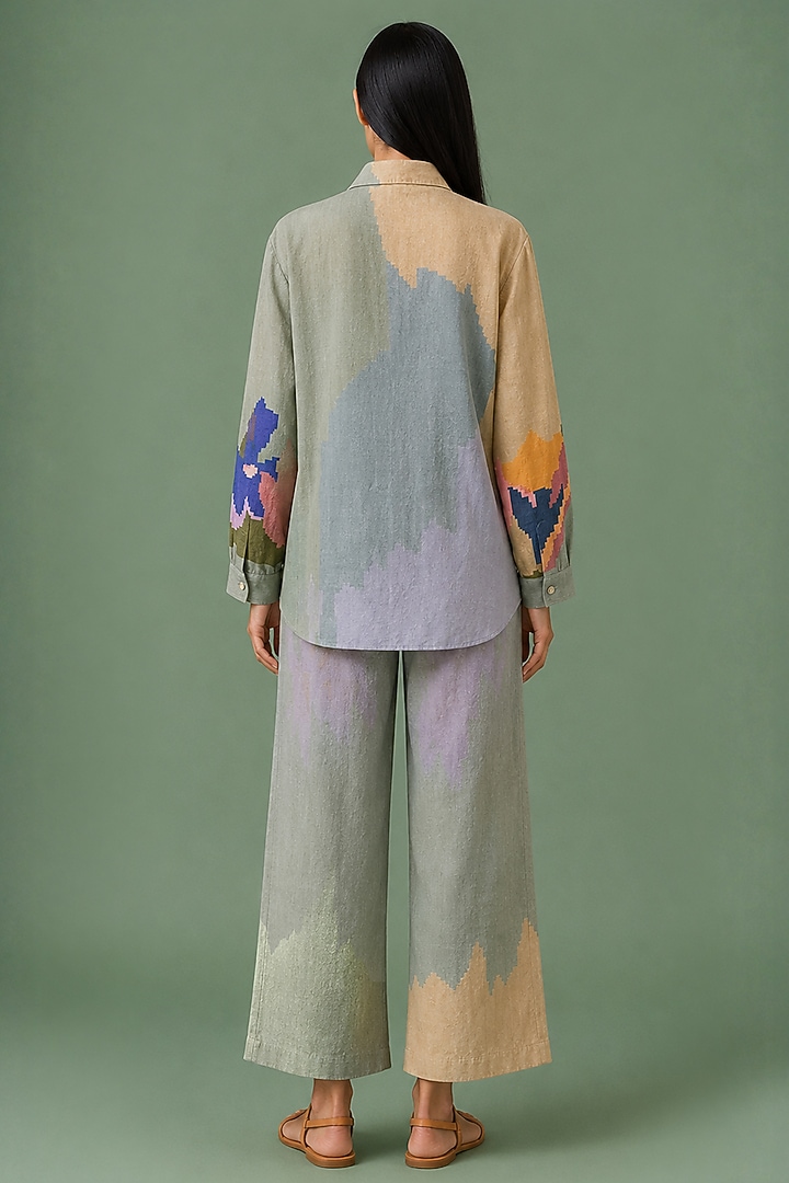 Sage Olive Korean Linen Ikat Printed Co-Ord Set by CLOS at Pernia's Pop Up Shop