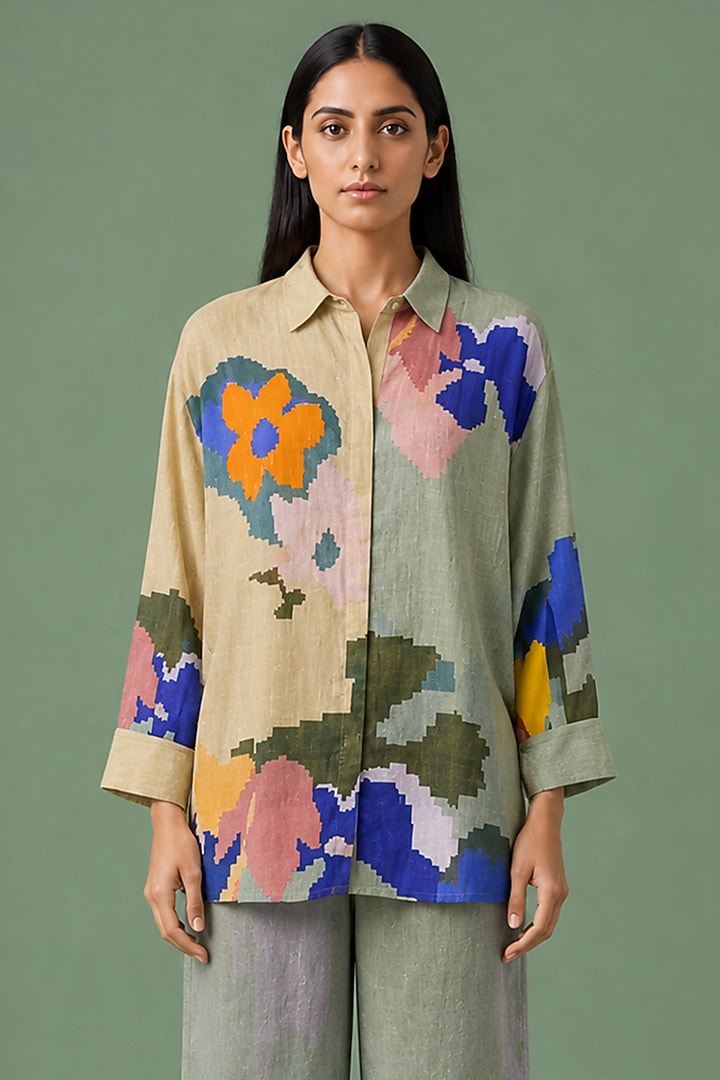 Sage Olive Korean Linen Ikat Printed Co-Ord Set by CLOS at Pernia's Pop Up Shop