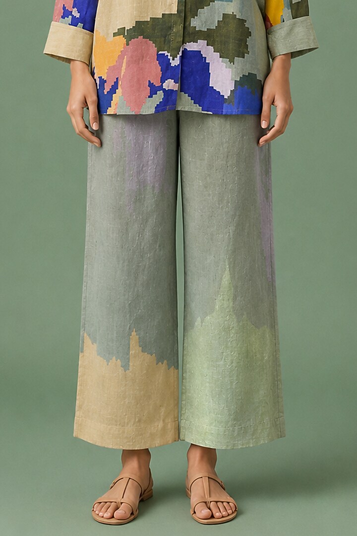 Sage Olive Korean Linen Ikat Printed Co-Ord Set by CLOS at Pernia's Pop Up Shop
