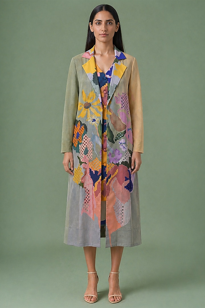 Sage Olive Korean Linen Printed Jacket Cocktail Dress by CLOS at Pernia's Pop Up Shop