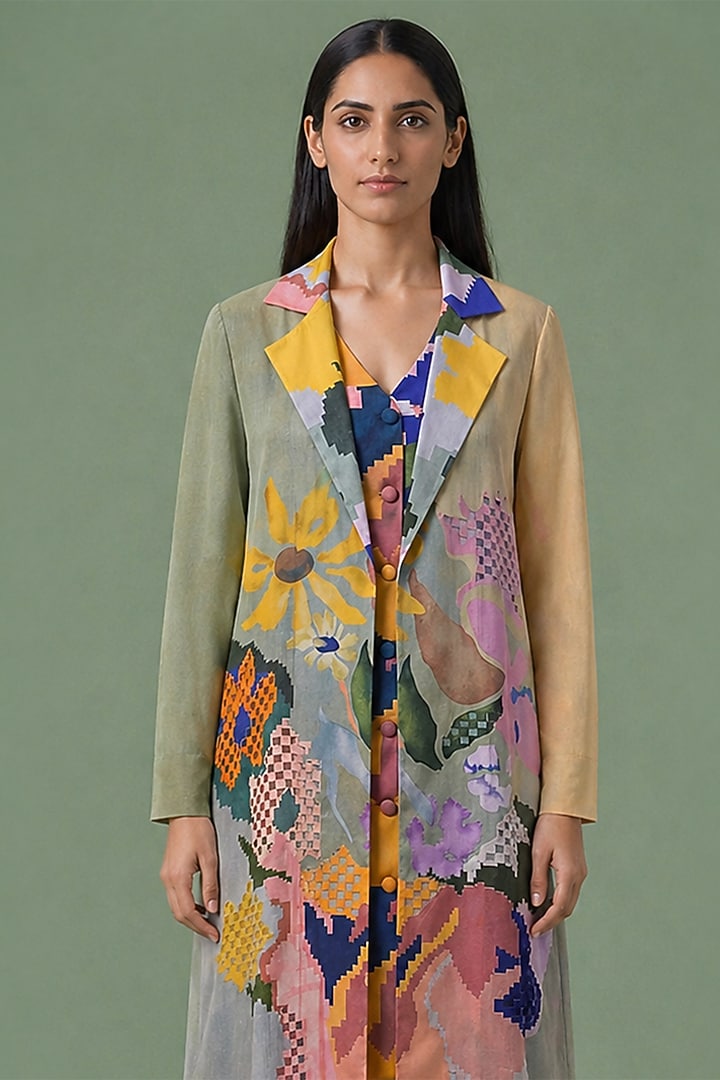 Sage Olive Korean Linen Printed Jacket Cocktail Dress by CLOS at Pernia's Pop Up Shop