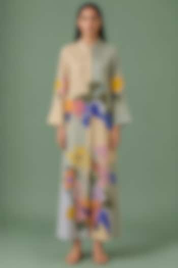Sage Olive Korean Linen Ikat Artwork Panelled Vacation Dress by CLOS at Pernia's Pop Up Shop