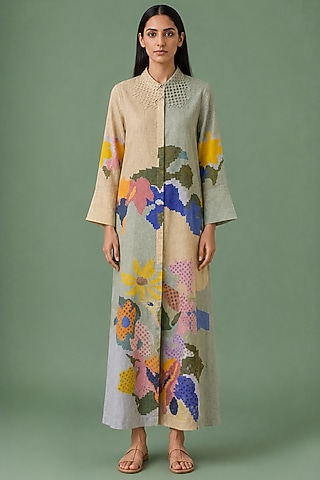 Sage Olive Korean Linen Ikat Artwork Panelled Dress by CLOS