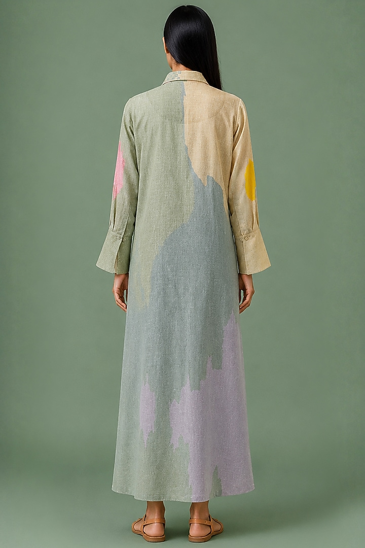 Sage Olive Korean Linen Ikat Artwork Panelled Vacation Dress by CLOS at Pernia's Pop Up Shop