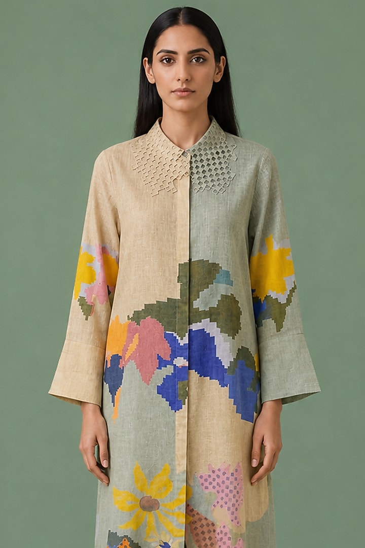 Sage Olive Korean Linen Ikat Artwork Panelled Vacation Dress by CLOS at Pernia's Pop Up Shop
