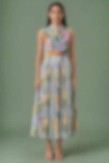Sage Olive Korean Linen Ikat Floral Pleated Midi Vacation Dress by CLOS at Pernia's Pop Up Shop