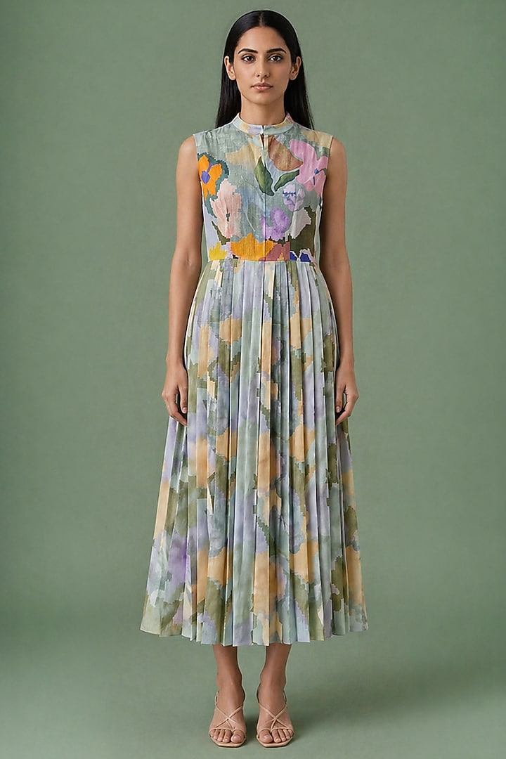Sage Olive Korean Linen Ikat Floral Pleated Midi Vacation Dress by CLOS at Pernia's Pop Up Shop