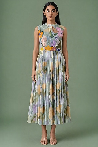 Sage Olive Korean Linen Ikat Floral Pleated Midi Dress by CLOS