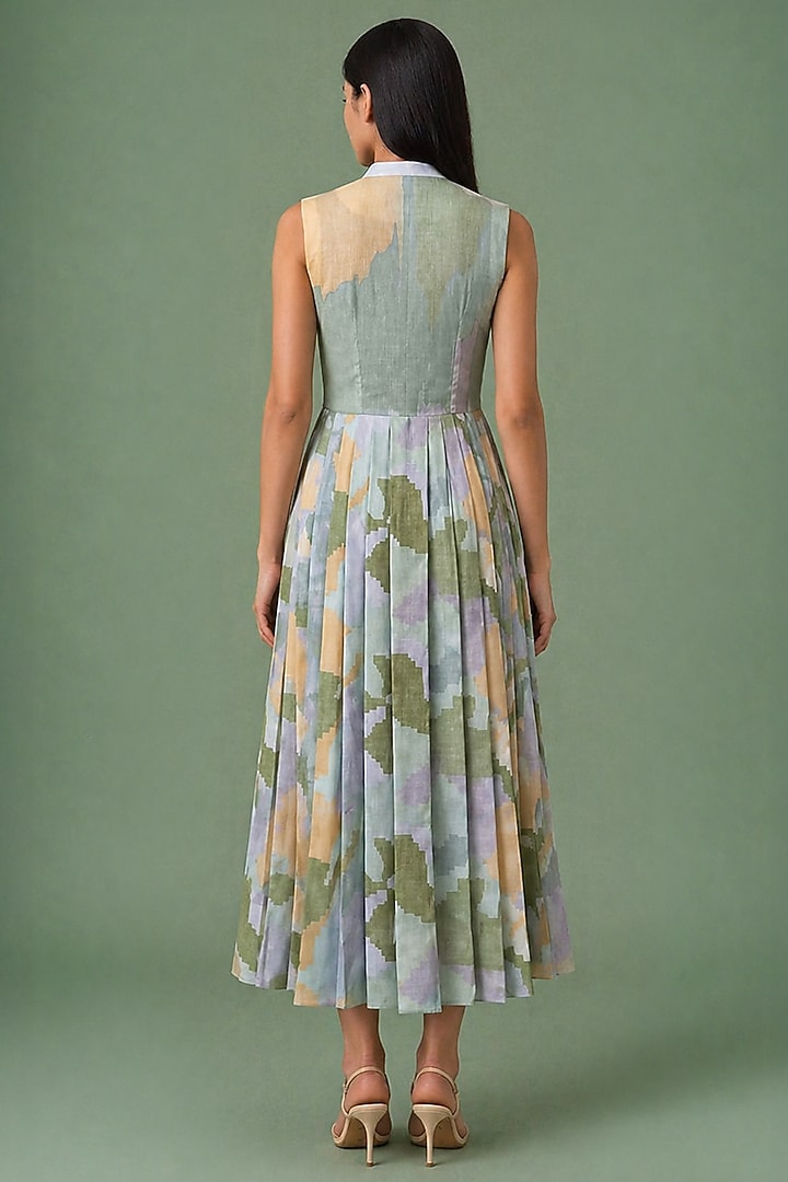 Sage Olive Korean Linen Ikat Floral Pleated Midi Vacation Dress by CLOS at Pernia's Pop Up Shop
