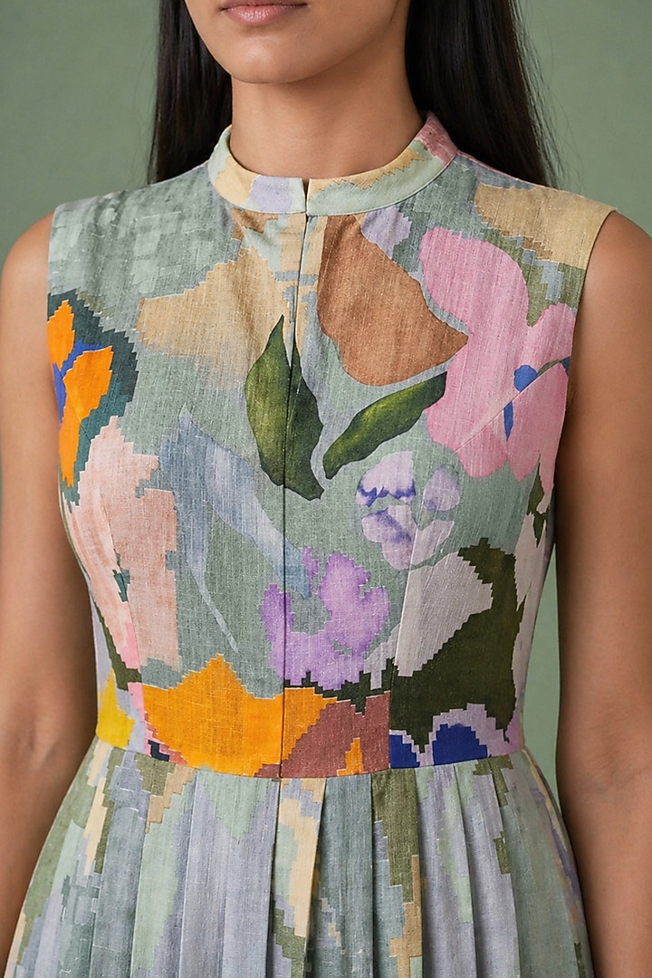 Sage Olive Korean Linen Ikat Floral Pleated Midi Vacation Dress by CLOS at Pernia's Pop Up Shop
