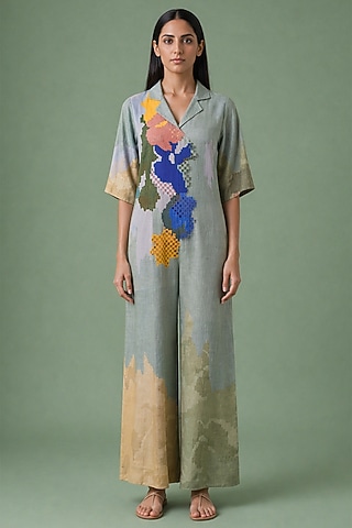 Sage Olive Korean Linen Ikat Floral Cutwork Jumpsuit by CLOS