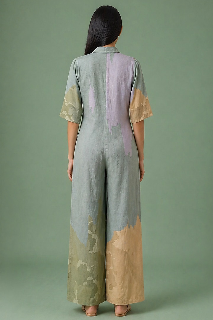 Sage Olive Korean Linen Ikat Floral Cutwork Jumpsuit by CLOS at Pernia's Pop Up Shop