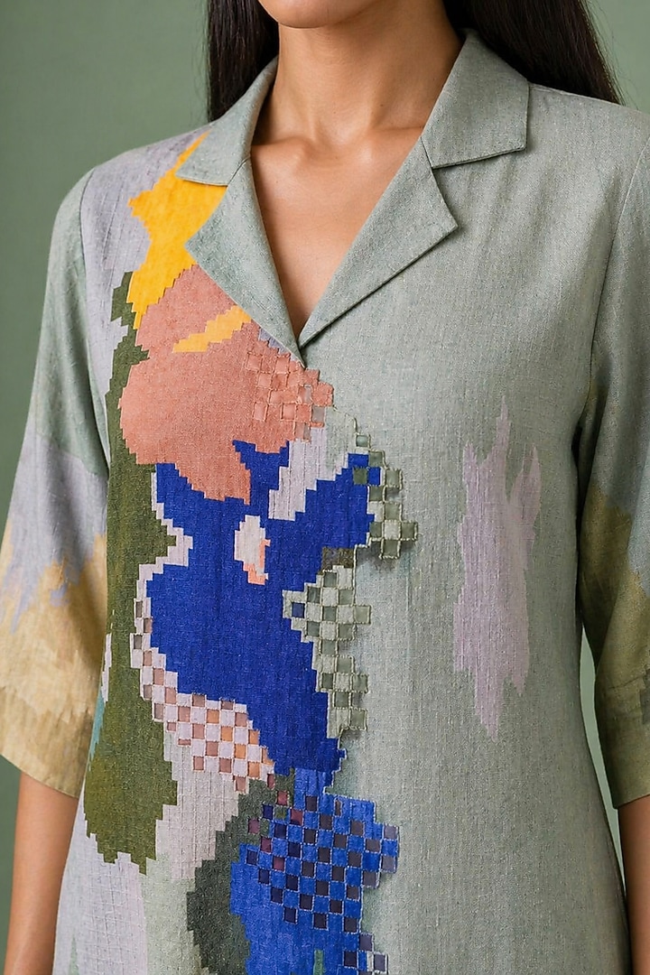 Sage Olive Korean Linen Ikat Floral Cutwork Jumpsuit by CLOS at Pernia's Pop Up Shop