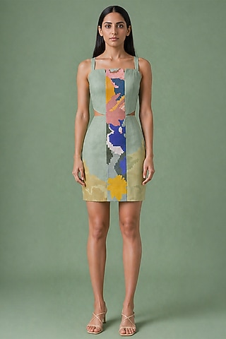 Sage Olive Korean Linen Ikat Floral Cut-Out Mini Dress by CLOS