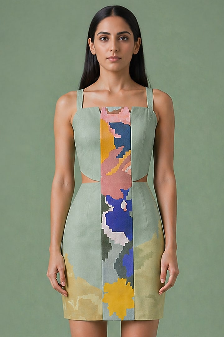 Sage Olive Korean Linen Ikat Floral Cut-Out Mini Vacation Dress by CLOS at Pernia's Pop Up Shop