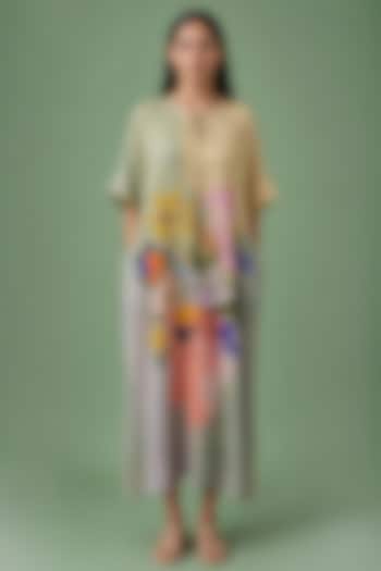 Sage Olive Korean Linen Ikat Floral Kaftan Dress by CLOS at Pernia's Pop Up Shop