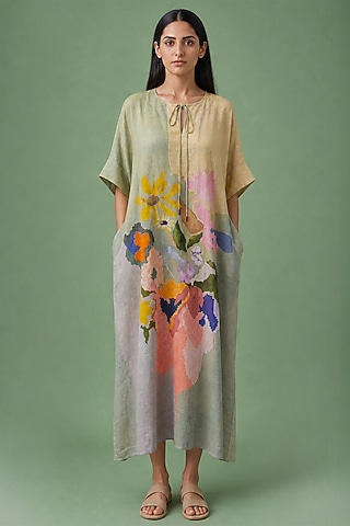 Sage Olive Korean Linen Ikat Floral Kaftan Dress by CLOS
