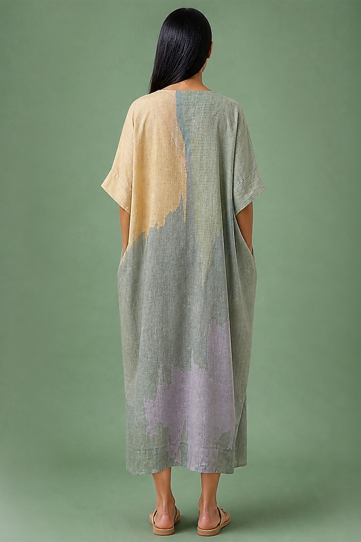 Sage Olive Korean Linen Ikat Floral Kaftan Dress by CLOS at Pernia's Pop Up Shop