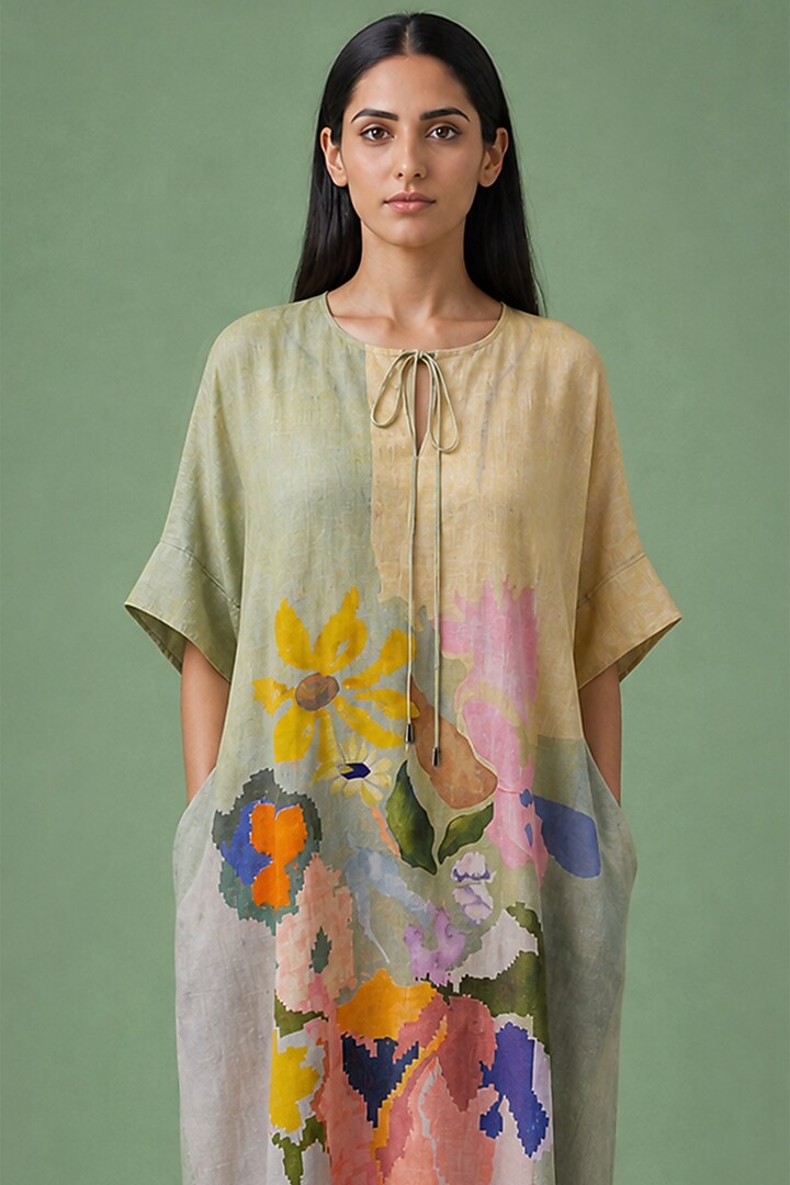 Sage Olive Korean Linen Ikat Floral Kaftan Dress by CLOS at Pernia's Pop Up Shop