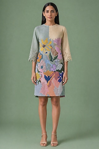 Sage Olive Korean Linen Ikat Floral Cutwork Shift Dress by CLOS
