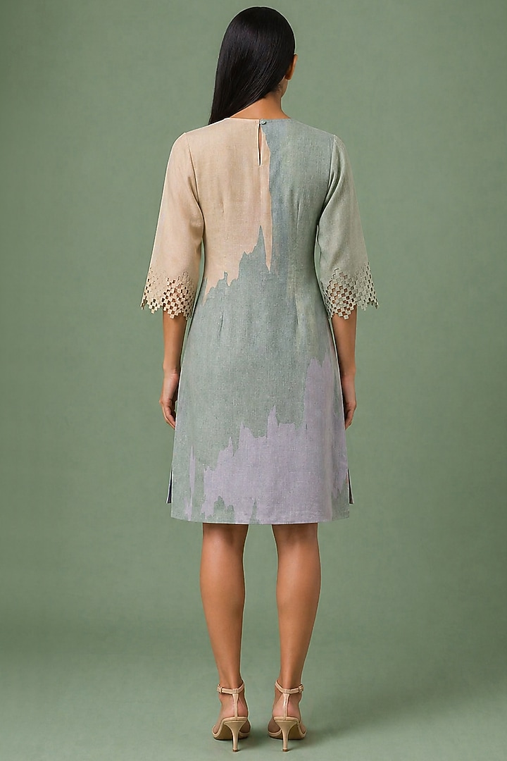 Sage Olive Korean Linen Ikat Floral Cutwork Shift Vacation Dress by CLOS at Pernia's Pop Up Shop