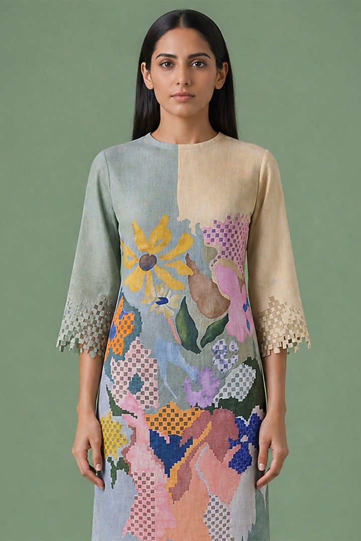 Sage Olive Korean Linen Ikat Floral Cutwork Shift Vacation Dress by CLOS at Pernia's Pop Up Shop