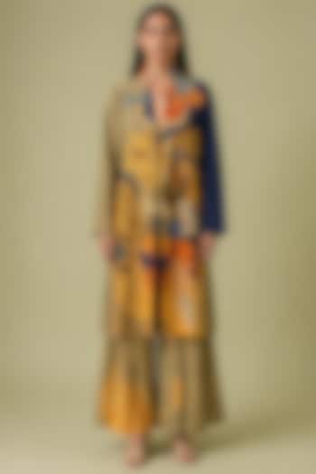 Mustard Olive & Navy Korean Linen Ikat Cutwork Jacket Set by CLOS at Pernia's Pop Up Shop