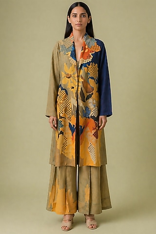 Mustard Olive & Navy Korean Linen Ikat Cutwork Jacket Set by CLOS