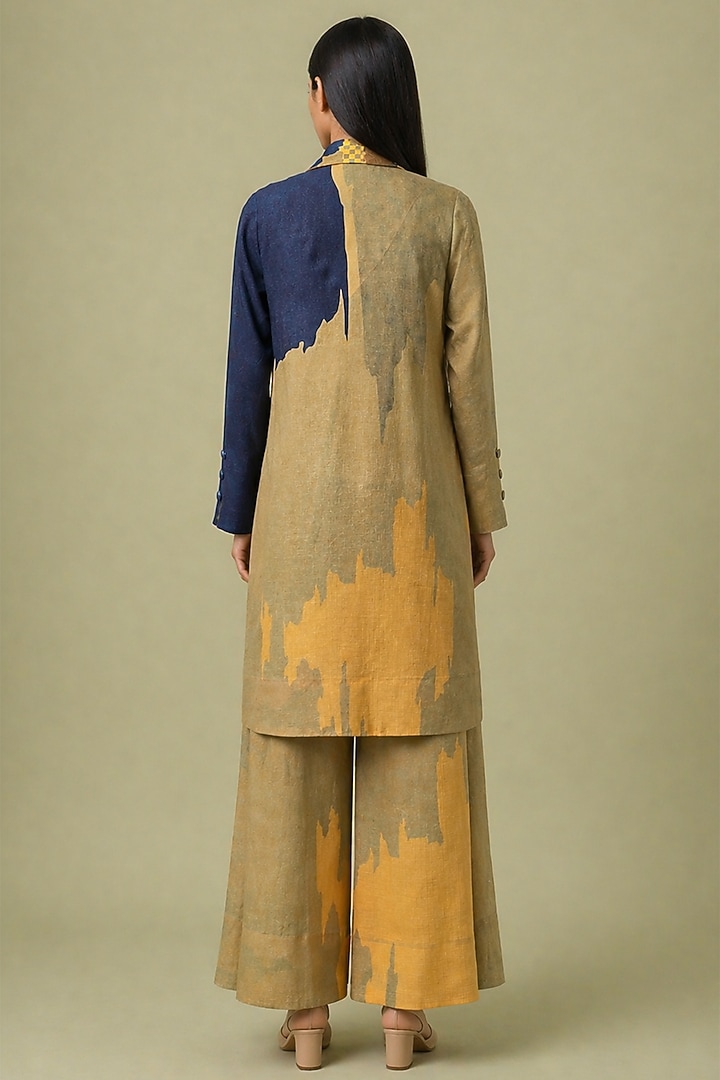 Mustard Olive & Navy Korean Linen Ikat Cutwork Jacket Set by CLOS at Pernia's Pop Up Shop