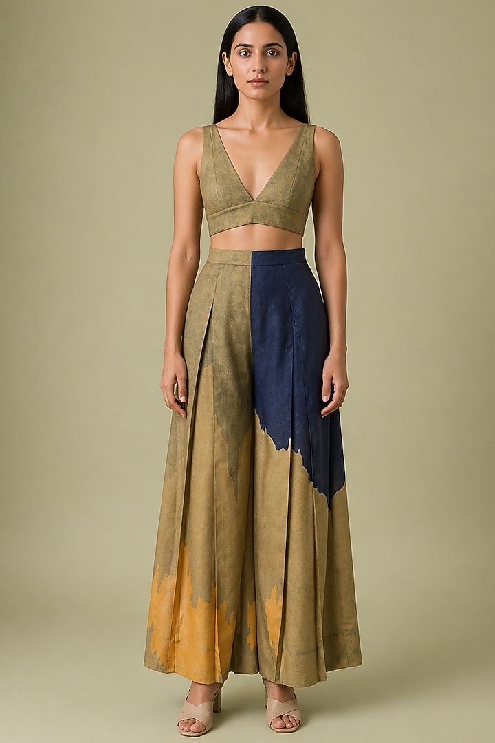 Mustard Olive & Navy Korean Linen Ikat Cutwork Jacket Set by CLOS at Pernia's Pop Up Shop