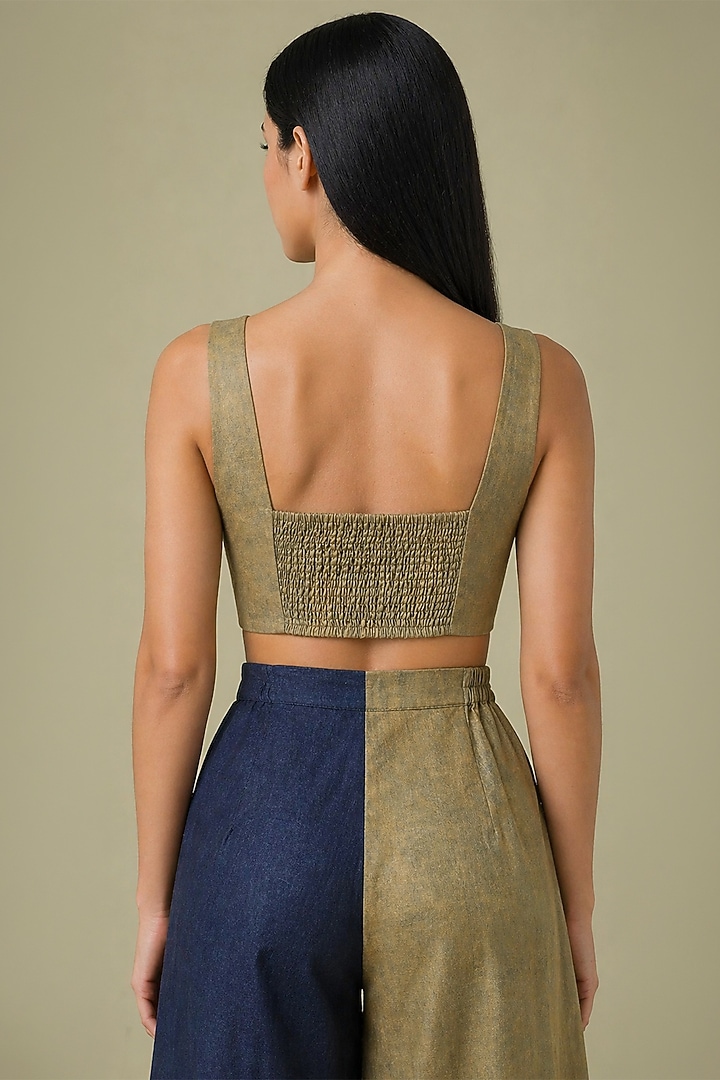 Mustard Olive & Navy Korean Linen Ikat Cutwork Jacket Set by CLOS at Pernia's Pop Up Shop