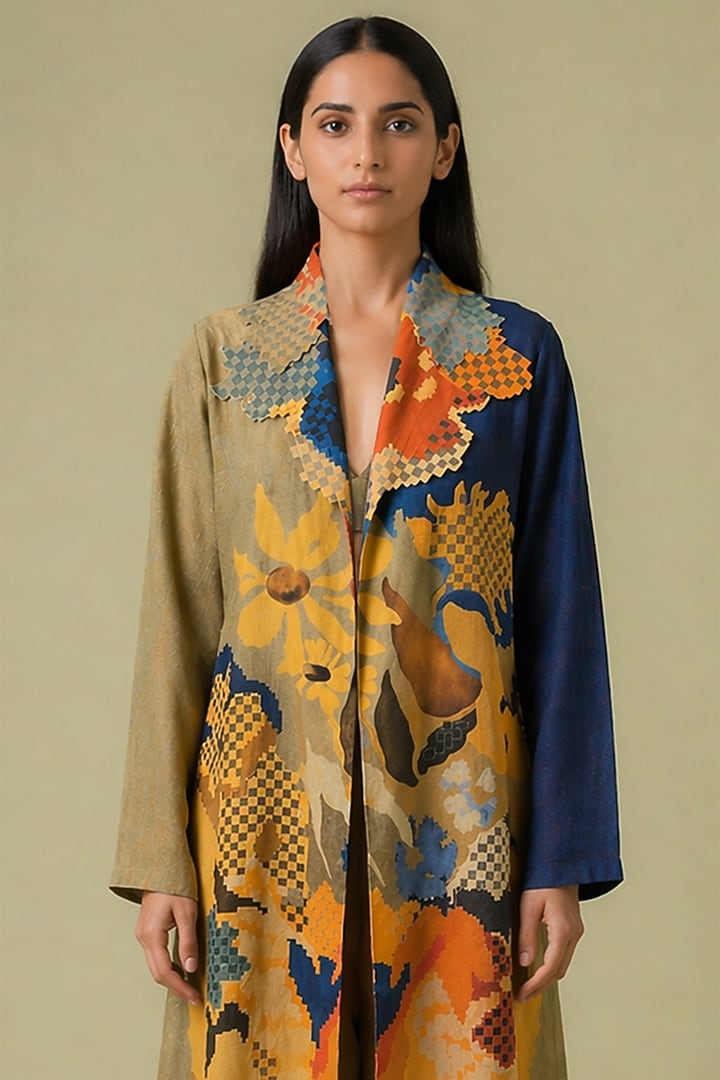 Mustard Olive & Navy Korean Linen Ikat Cutwork Jacket Set by CLOS at Pernia's Pop Up Shop