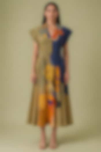 Mustard & Navy Korean Linen Ikat Cutwork Collar Midi Vacation Dress by CLOS at Pernia's Pop Up Shop