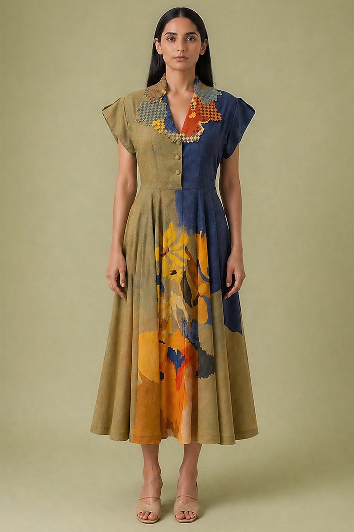 Mustard & Navy Korean Linen Ikat Cutwork Collar Midi Vacation Dress by CLOS at Pernia's Pop Up Shop