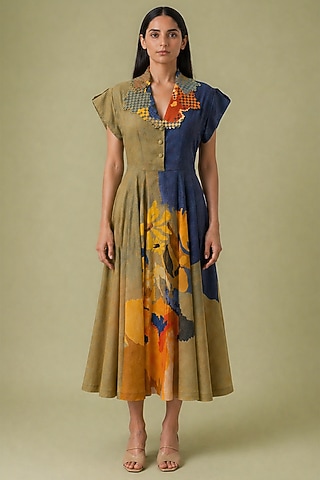 Mustard & Navy Korean Linen Ikat Cutwork Collar Midi Dress by CLOS