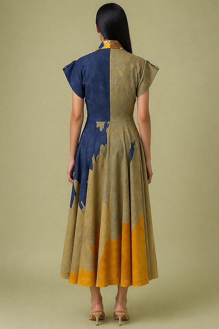 Mustard & Navy Korean Linen Ikat Cutwork Collar Midi Vacation Dress by CLOS at Pernia's Pop Up Shop