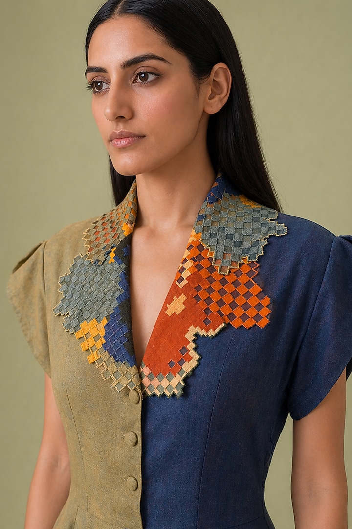Mustard & Navy Korean Linen Ikat Cutwork Collar Midi Vacation Dress by CLOS at Pernia's Pop Up Shop