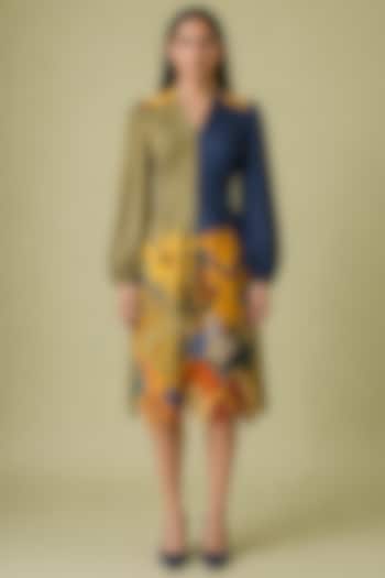 Mustard Olive Korean Linen Ikat Printed Scalloped Midi Vacation Dress by CLOS at Pernia's Pop Up Shop
