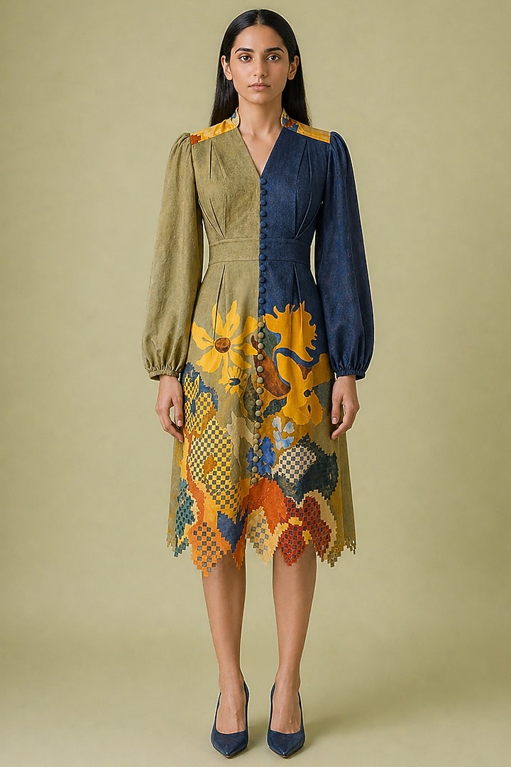 Mustard Olive Korean Linen Ikat Printed Scalloped Midi Vacation Dress by CLOS at Pernia's Pop Up Shop